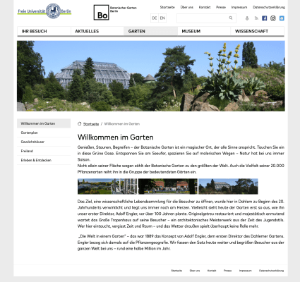 Botanischer Garten Website Screenshot