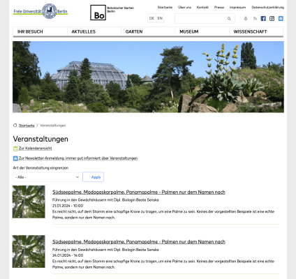 Botanischer Garten Website Screenshot