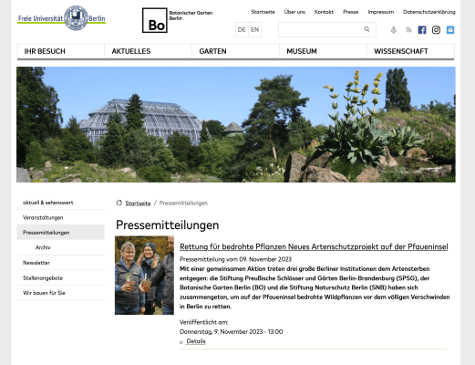 Botanischer Garten Website Screenshot